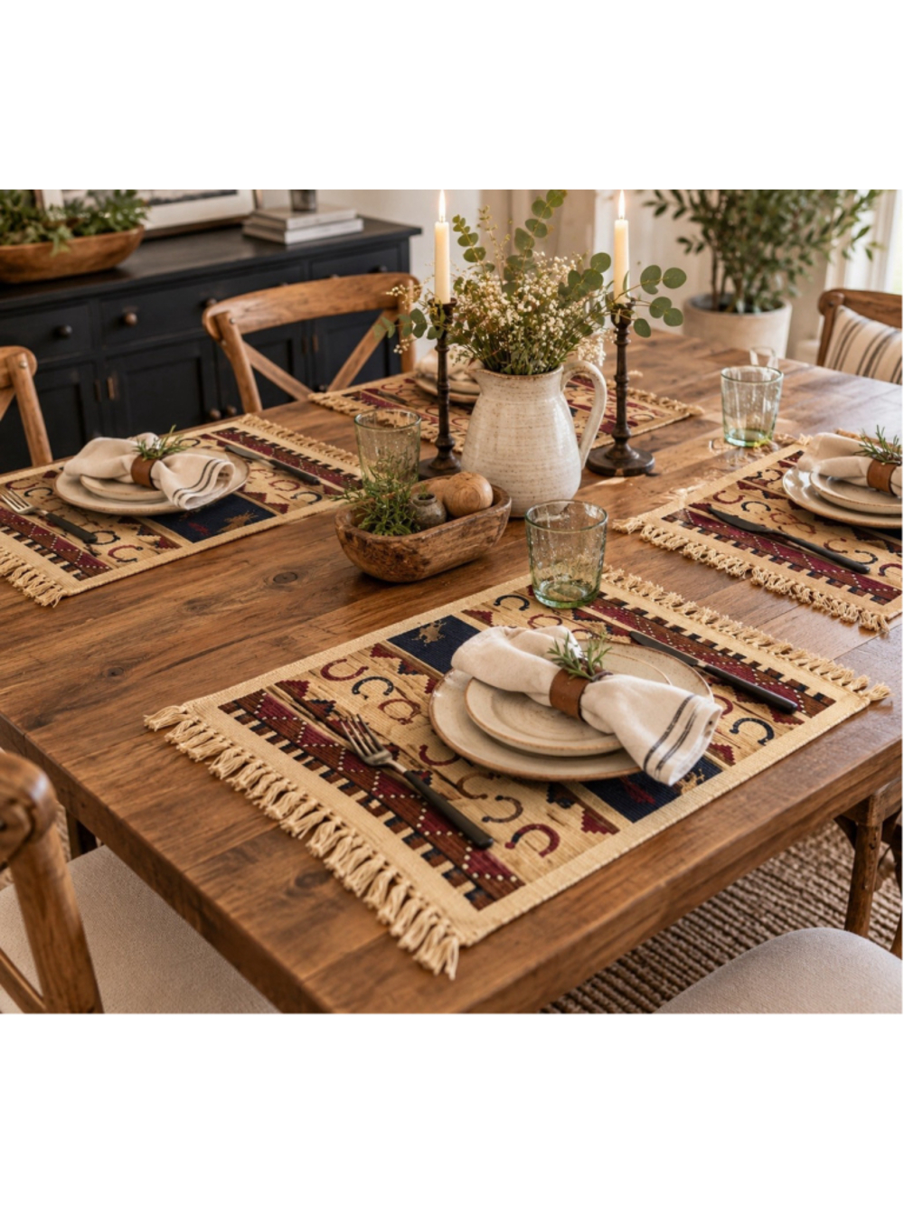 Placemats set of 4 13x19 Cotton Woven Western cowboy Beige Pictorial